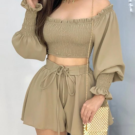 Coffee Pleating Strap Suit For Women