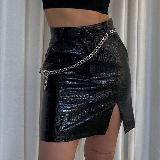 Women Side Slit PU leather Black Beltless Hip Skirt