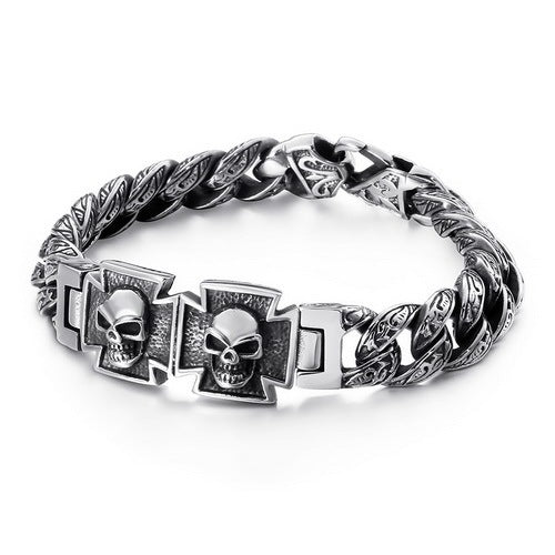 Vintage Old Hand Jewelry Trend Domineering Skull Cross Totem Inlaid Zircon Titanium Steel Bracelet For Men