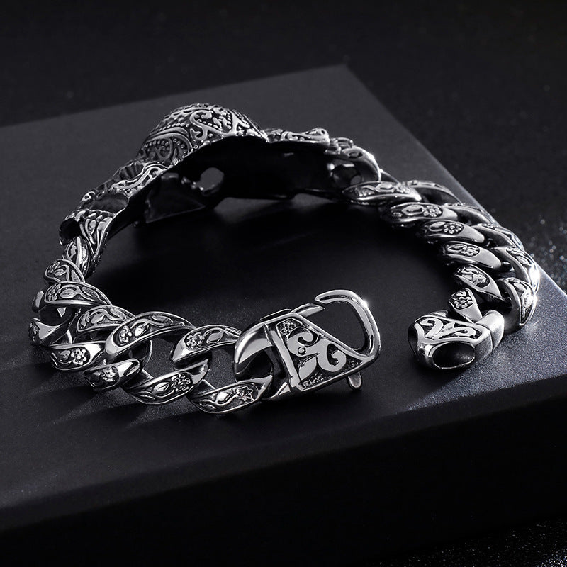 Vintage Old Hand Jewelry Trend Domineering Skull Cross Totem Inlaid Zircon Titanium Steel Bracelet For Men