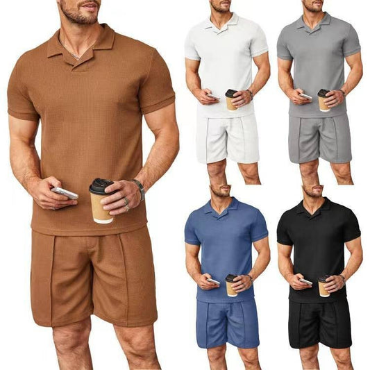 Men V Neck Polo Shirt Lapel Short Sleeve Men's set Waffle Style Casual Fashion T-Shirt Summer
