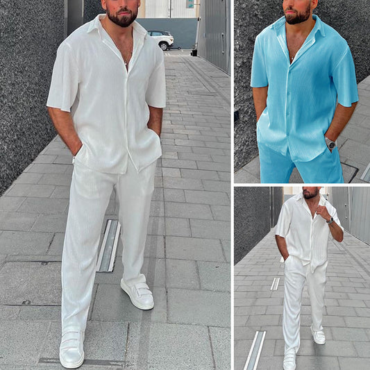 Men Leisure Loose Beachwear Solid Color Striped Short Sleeve Suit Southeast Asian Men's Shirt Two-piece Set