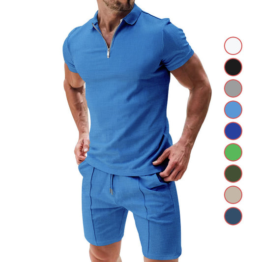Men 2Pcs Casual Waffle Suit Summer Zipper Lapel Short-sleeved Top And Drawstring Pockets Shorts Versatile Solid Color T-shirt Set