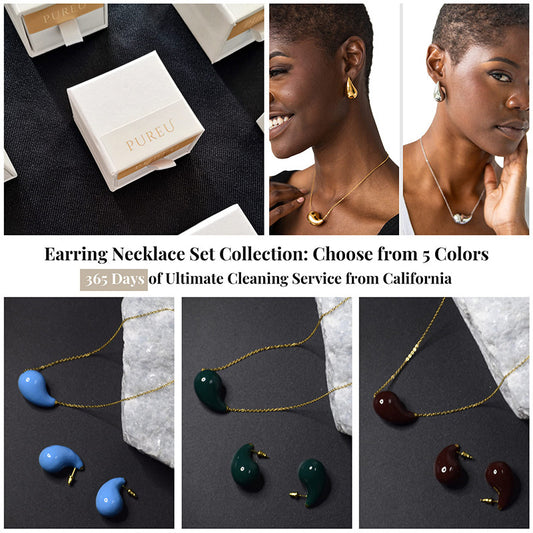 18K Thick Gold Hoop Earrings And Teardrop Hollow Necklace Set Women's Earrings Fashion Jewelery Set