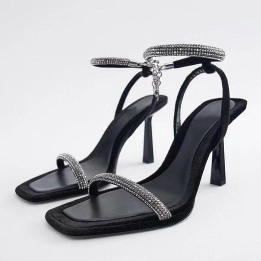 Square Toe Rhinestone Stiletto heels Sandals Women