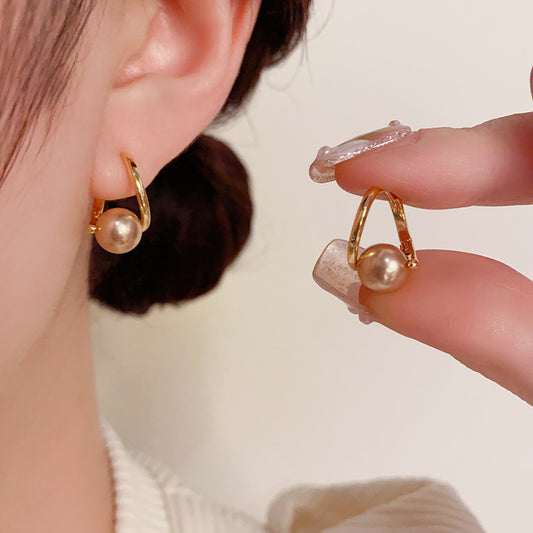 14K Gold Plated Simple Graceful And Fashionable Champagne Pearl Ear hoops