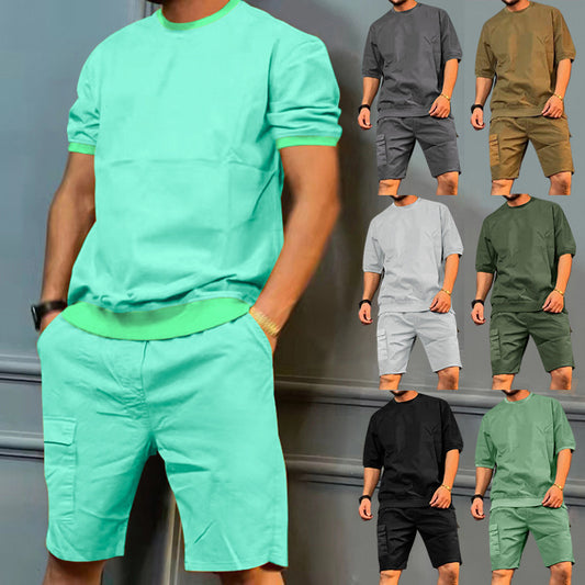 Men's Sports Suits Summer Round Neck Short-sleeved Top And Multi-pocket Shorts Casual Trendy 2pcs Set